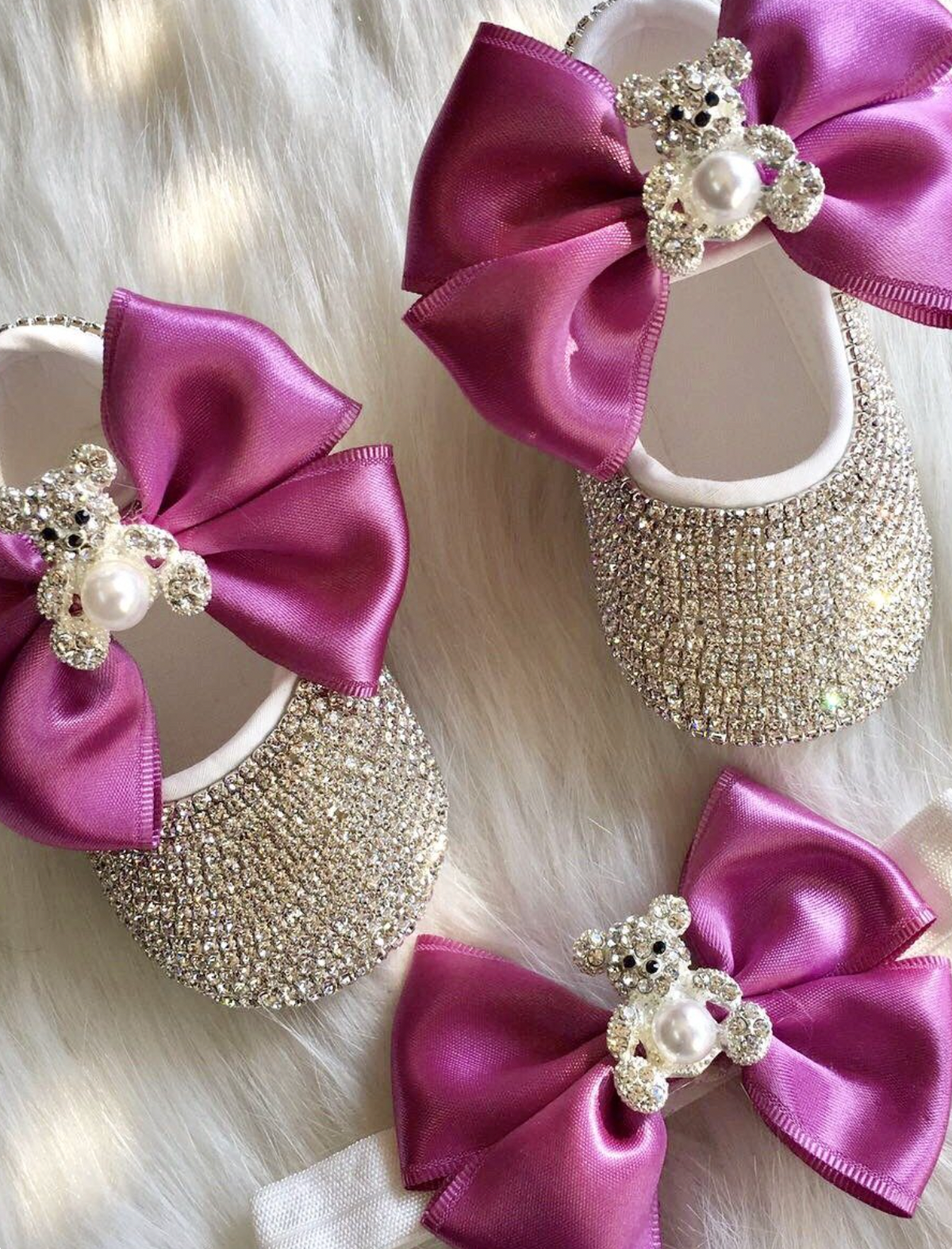 Teddy Bear Pearl Glam Satin Bow Shoes