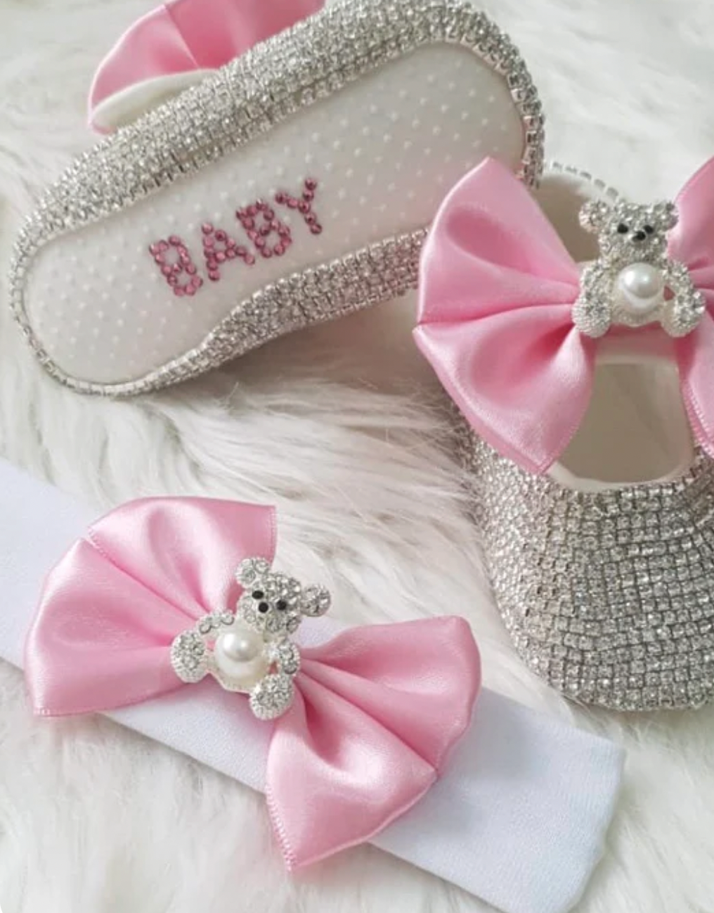 Teddy Bear Pearl Glam Satin Bow Shoes