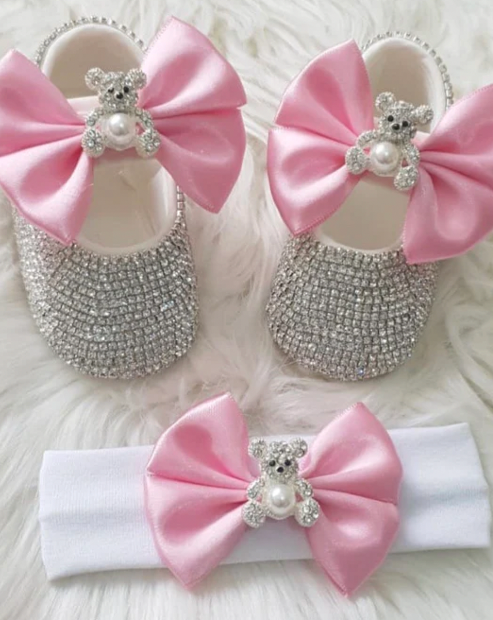 Teddy Bear Pearl Glam Satin Bow Shoes