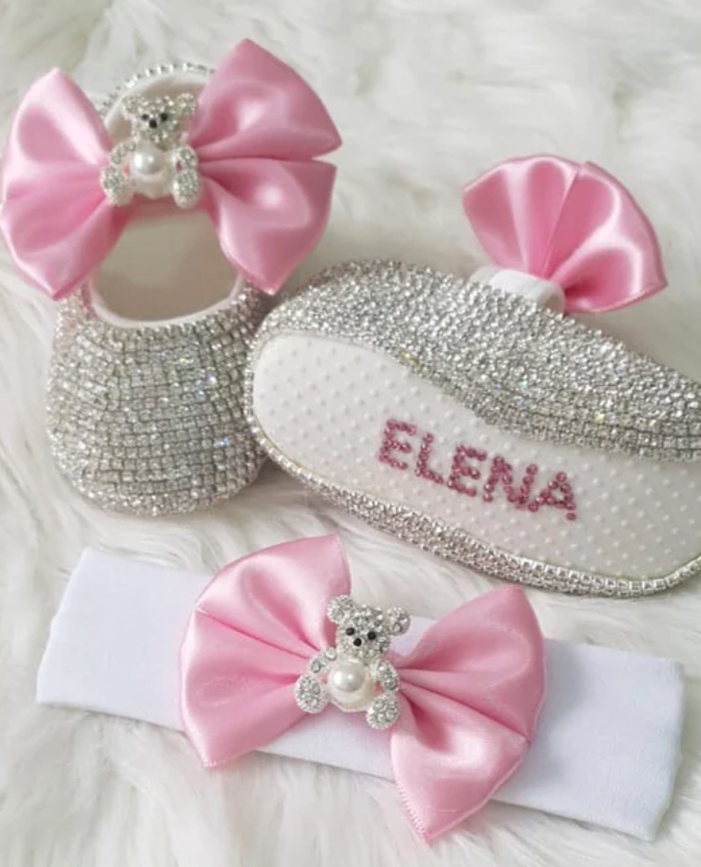 Teddy Bear Pearl Glam Satin Bow Shoes