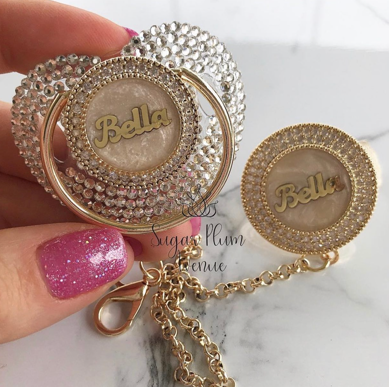 Full Crystal Glam Personalized Name Pacifier & Clip Set