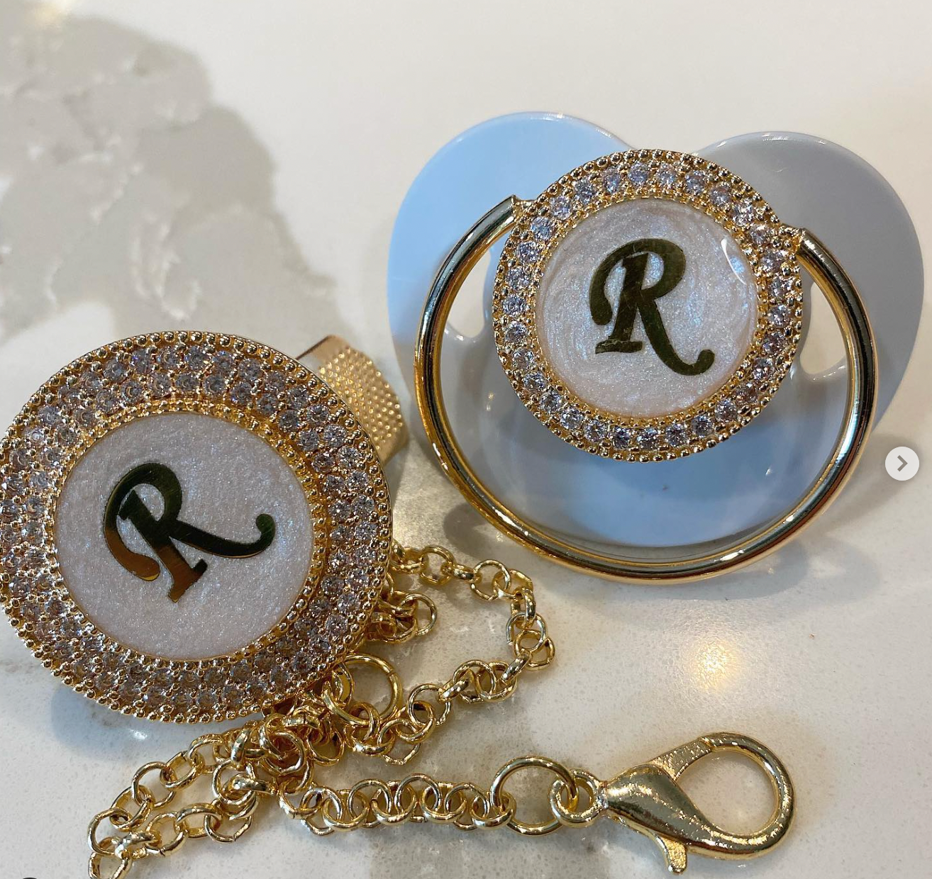 Baby Initial Personalized Glam Pearl Pacifier & Clip Set