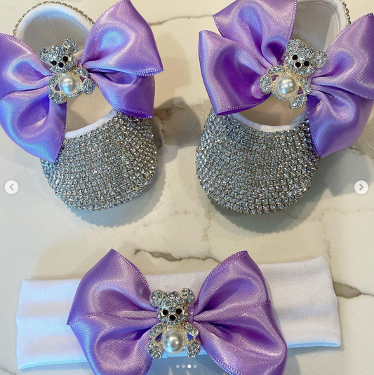 Teddy Bear Pearl Glam Satin Bow Shoes