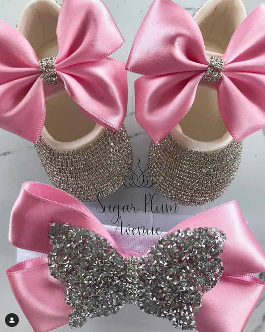 Bejeweled Hollywood Glam Satin Bow Baby Shoes