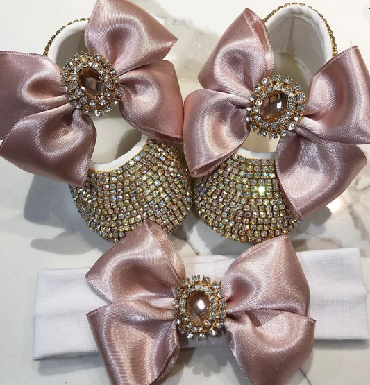 Luxury Oval Stone Satin Bow Baby Shoes